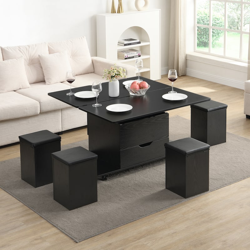 Lift-Top Coffee Table with Hidden Storage & 4 Stools - Multi-Functional Modern Center Table with Casters