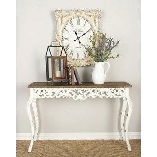White Wood Intricately Carved Scroll Console Table with Brown Wood Top