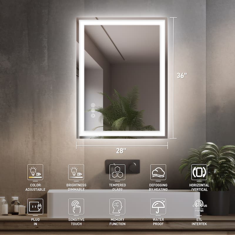 Durx-litecrete Bathroom Vanity Mirror with Single LED Light Strips and Adjustable Brightness - 28*36