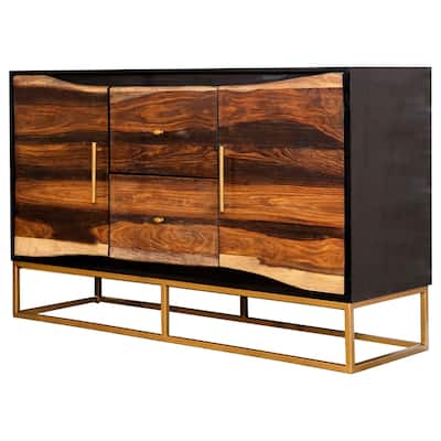 57 Inch Acacia Wood Storage Console Cabinet, 2 Drawers, Metal Frame, Brown