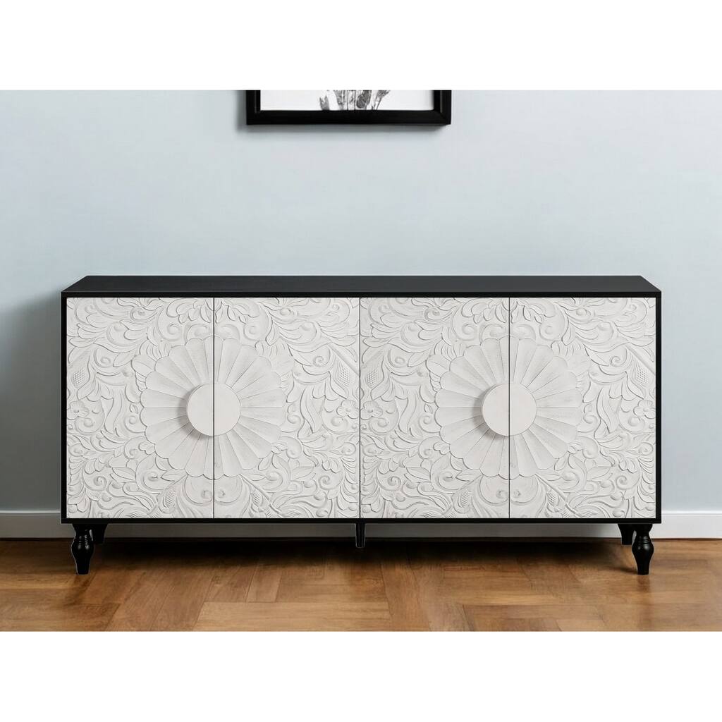 HomeRoots 68" Black and White Distressed Carved Floral Sideboard with Four Doors - 68.11' X '32' X '15.75