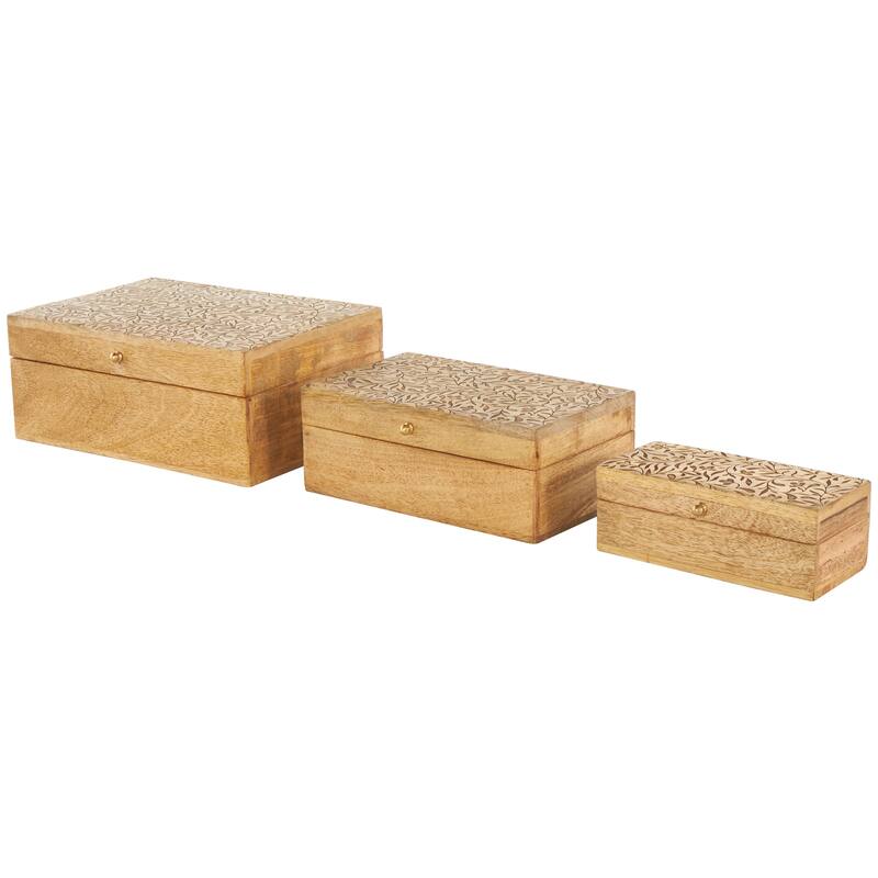 Brown Mango Wood Handmade Storage Scroll Box with Gold Accents (Set of 3)