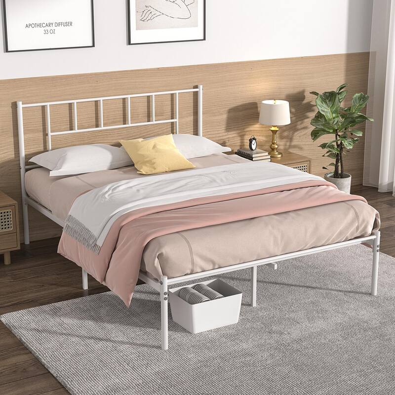 VECELO Victorian Style 14 Inch Metal Platform Bed Frame with Headboard, Heavy Duty Steel Slat Support, No Box Spring Needed