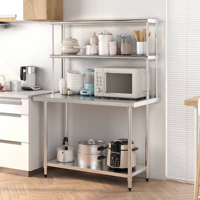 48×24FT Stainless Steel Table Overshelves Work Table w/ 48×12FT Shelf