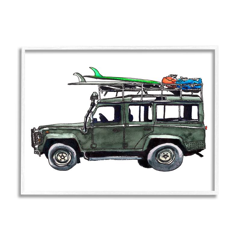 Stupell Tropical Vacation Beach Car Roof Rack Surfboards Framed Wall Art - Grey - 20 x 16 - White