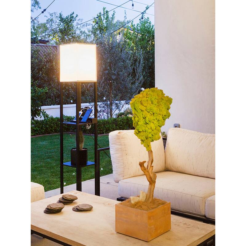 Brightech Maxwell 63 in. Classic Black Traditional USB Charging LED 3-Shelf Floor Lamp with White Fabric Square Shade