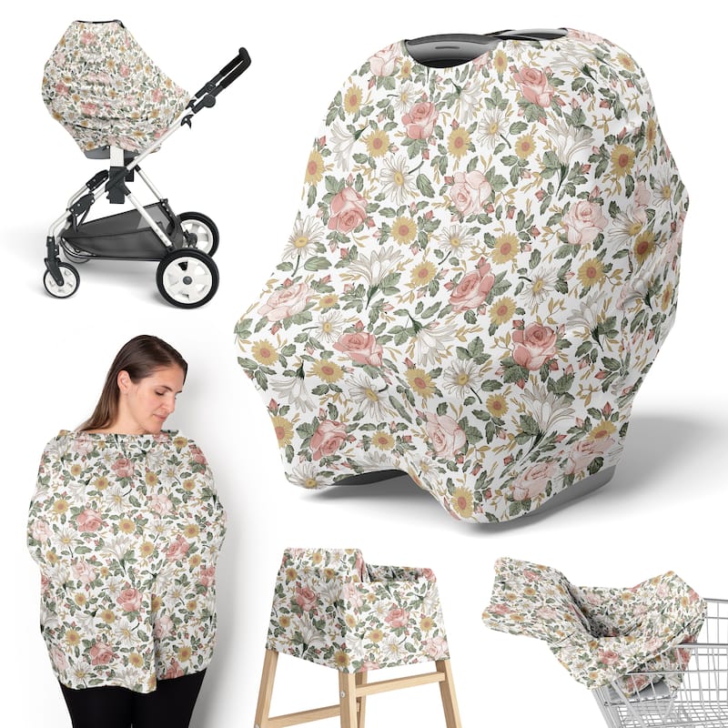 Sweet Jojo Designs Vintage Floral Boho Girl 5 in 1 Baby Car Seat Nursing Cover Pink Yellow Green Bohemian Shabby Chic Farmhouse