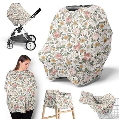 Sweet Jojo Designs Vintage Floral Boho Girl 5 in 1 Baby Car Seat Nursing Cover Pink Yellow Green Bohemian Shabby Chic Farmhouse