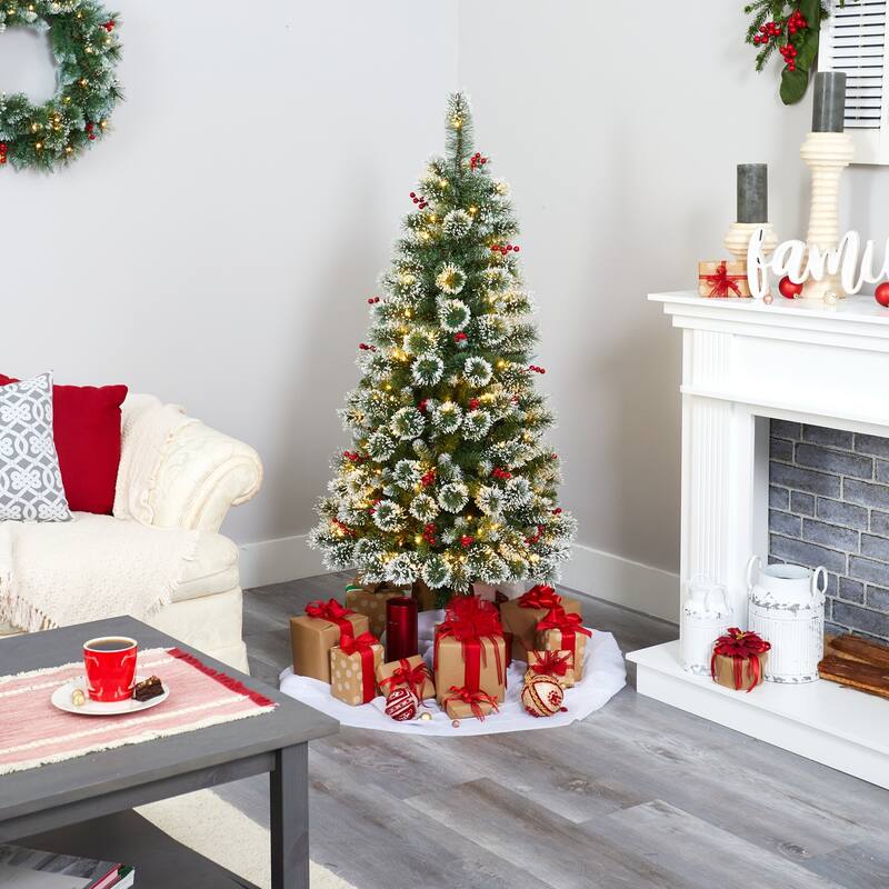 5ft Prelit Christmas Tree Frosted Swiss Pine with Berries & Lights - Holiday Decor - Green - 60