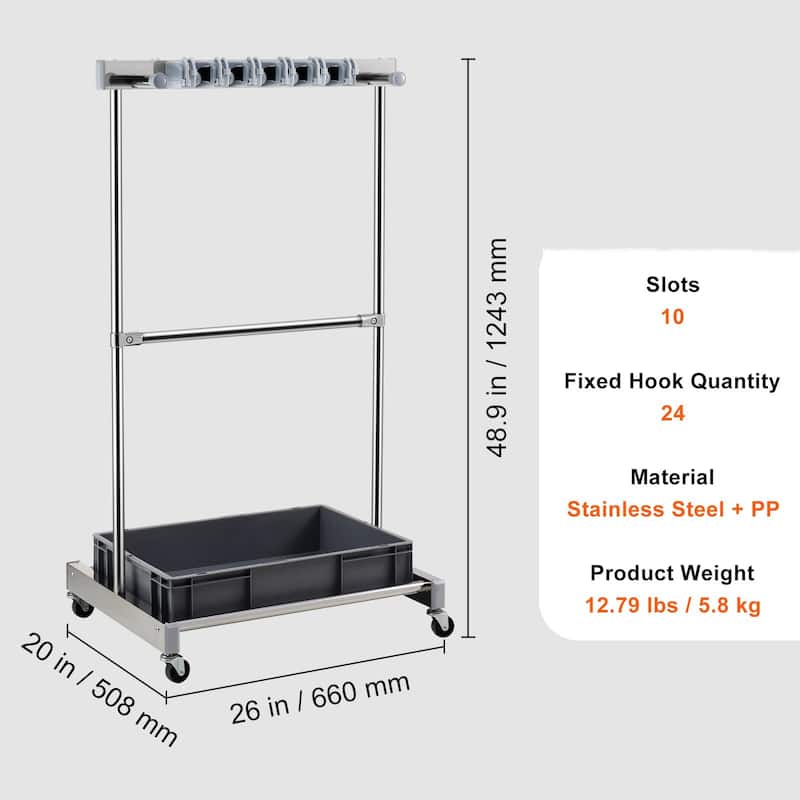 Silver Stainless Steel 10 Slots Garden Tool Organizer Rack with 4 Fixed Hooks and 4 Swivel Wheels - 48.9 x 20 x 26 in