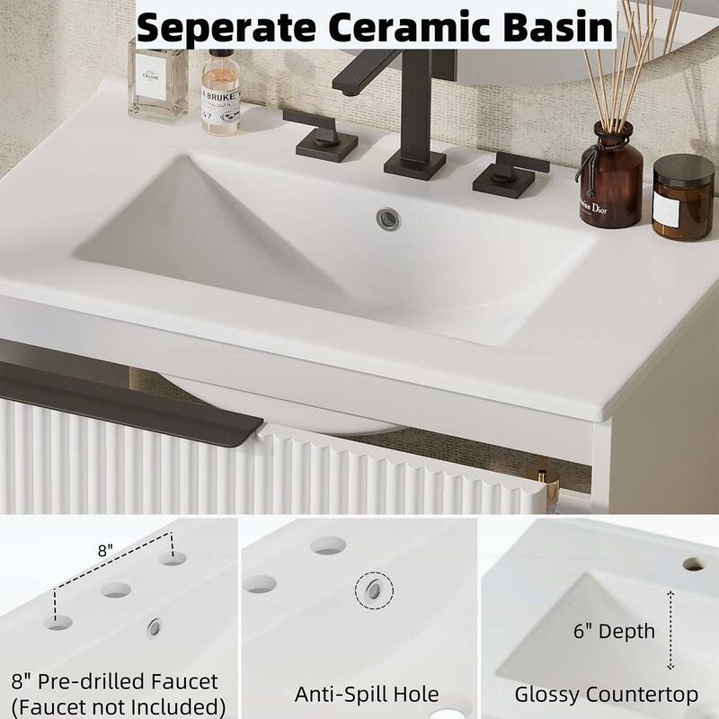 30 Inch Freestanding Bathroom Vanity with Ceramic Sink,Full-Extension Drawers,and Fluted Design