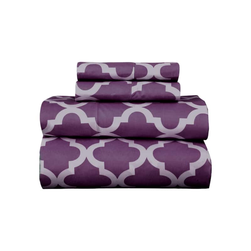Four Piece Purple and White Quatrefoil Microfiber Full Double Sheet Set