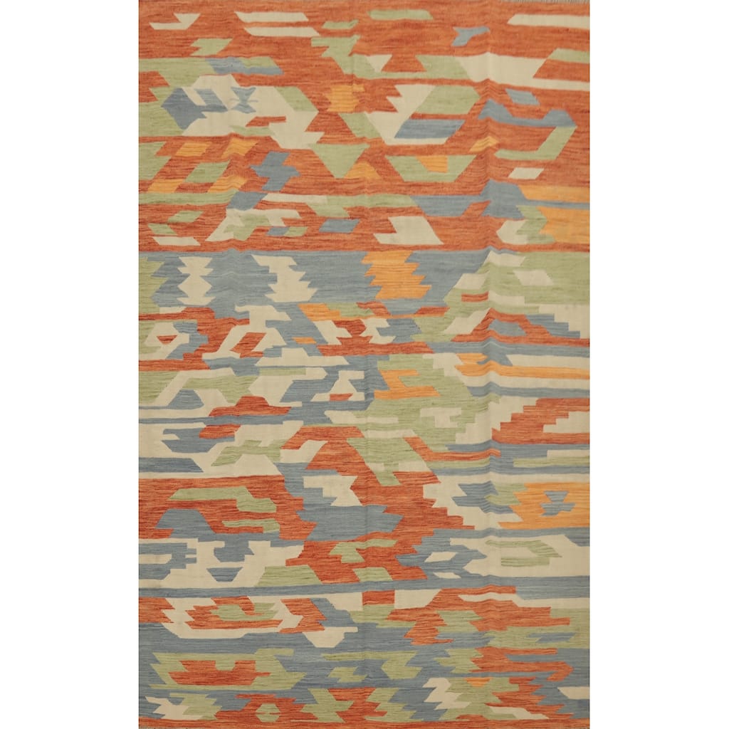 Hand Woven Oriental 100% Wool Carpet Southwestern Geometric Oranges & Rust Kilim Area Rug - 9' 9'' X 6' 6''