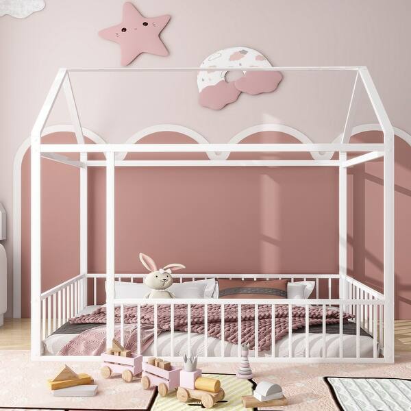 slide 2 of 10, White Twin Size Metal House Bed Frame with Fence & Roof Twin - White