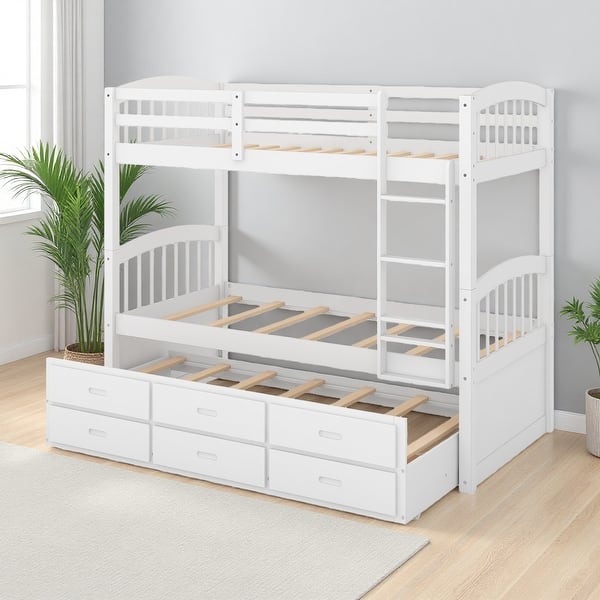 Twin over Twin Wood Bunk Bed with Trundle & 3 Drawers - Bed Bath ...