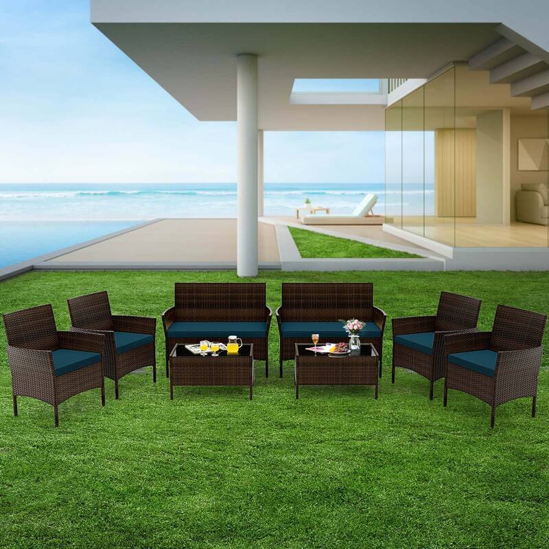Costway 8 PCS Patio Furniture Set with Washable Cushions and Tempered - See Details - Blue