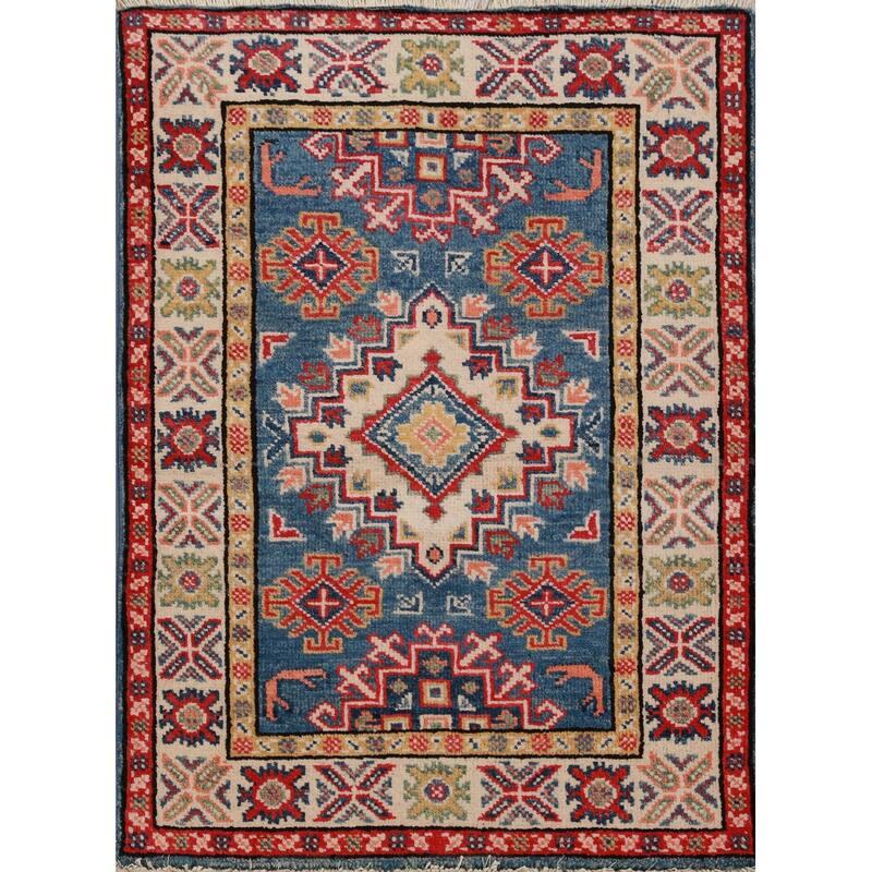 Geometric Kazak Oriental Foyer Rug Hand-Knotted Blue Wool Carpet - 2'0"x 3'0"