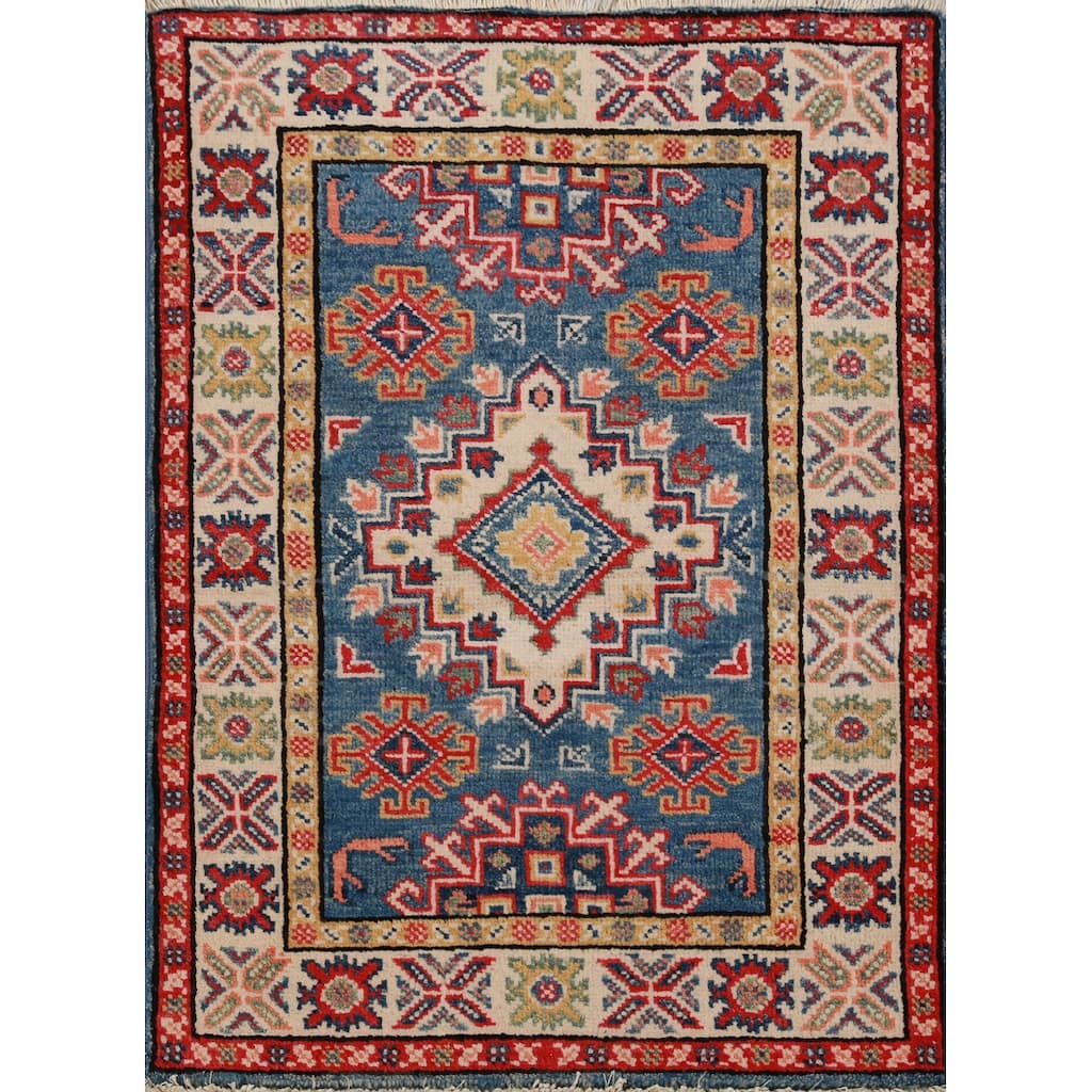 Geometric Kazak Oriental Foyer Rug Hand-Knotted Blue Wool Carpet - 2'0"x 3'0"