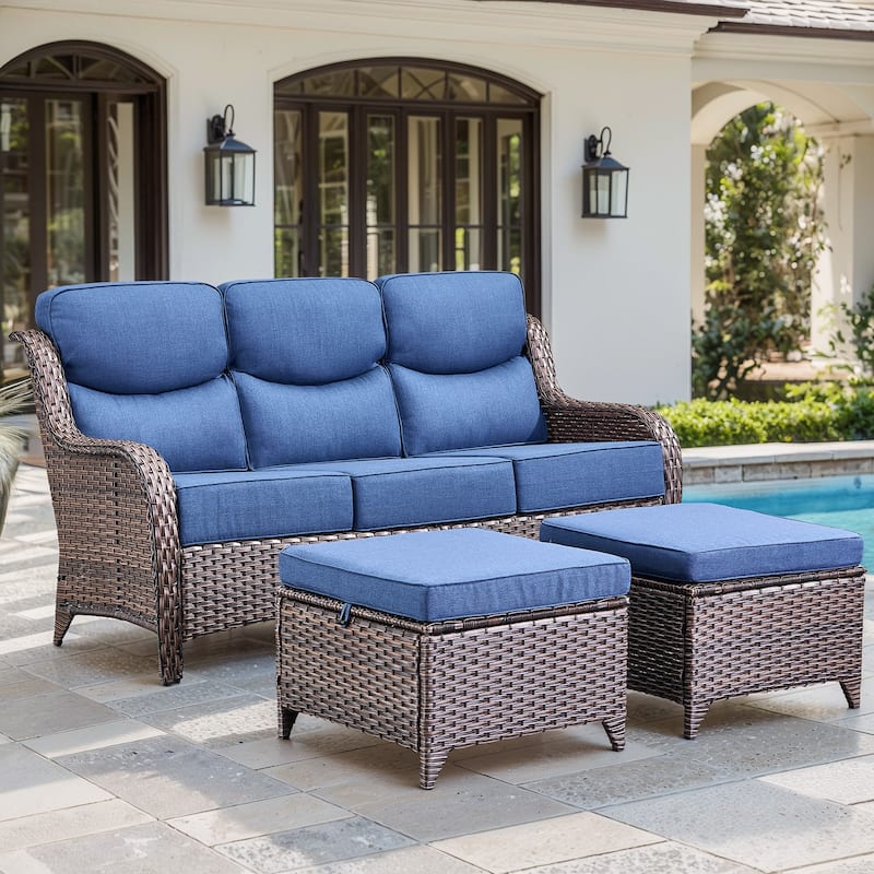 Gymojoy 3-Piece Patio Furniture Sofa Set with Ottomans, 6-Inch Ultra-Plush Cushions & Water-Resistant Olefin Fabric - Brown Wicker / Blue Cusion - 3-Piece