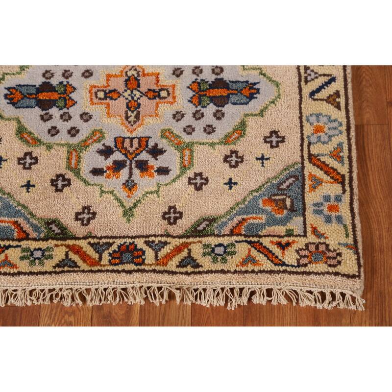 Geometric Heriz Serapi Runner Rug Hand-Knotted Beige Wool Carpet - 2'6" x 7'11"