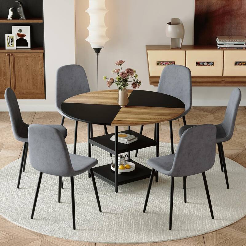A 47.3-Inch Diameter Modern Splicing Circular Dining Table Set- Double-Layer Storage,Paired with 6 Fabric Chairs