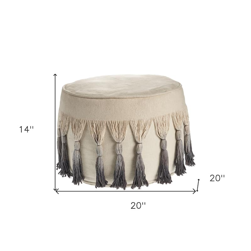 20 Inch Beige Cotton Round Ombre Pouf Ottoman for Living Room and Bedroom