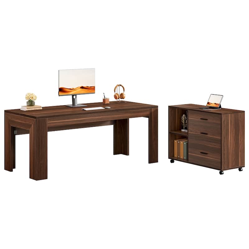 63" L Shaped Executive Desk Office Computer Desk Mobile File Cabinet with Drawers/Shelves Home Office Business Furniture