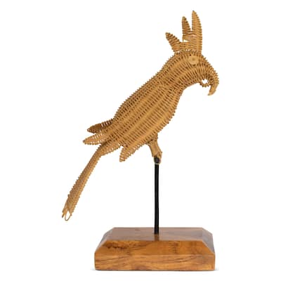 Rattan Cockatoo Parrot Sculpture - Hand Woven Tropical Decor, Boho Bird Accent on Wood Stand - 17" tall x 10" wide x 5" deep