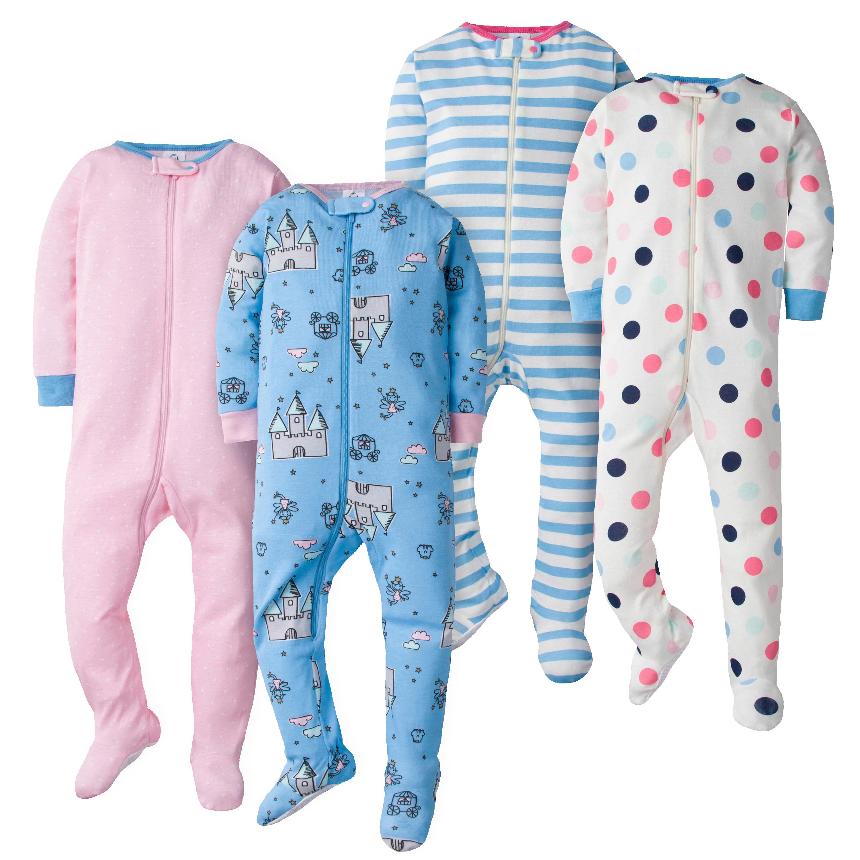 Shop Gerber Baby Girls Dots And Fairytale 4 Pack Footed Union Suits Pink Ivory Blue White Overstock 30860178