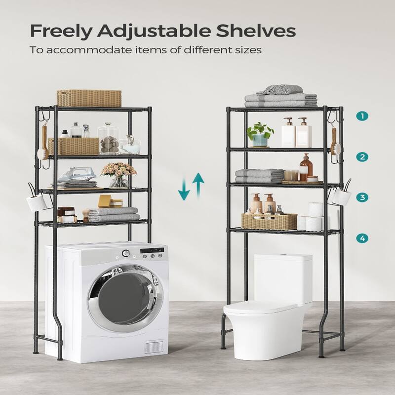 4-Tier Freestanding Metal Over-the-Toilet Storage Rack with 4 Adjustable Shelves and 4 Convenient Hoooks