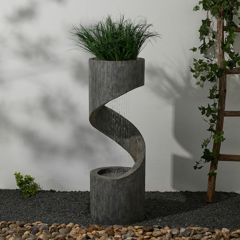 Glitzhome Modern Minimalist Spiral LED Polyresin Outdoor Fountain with Small Planter