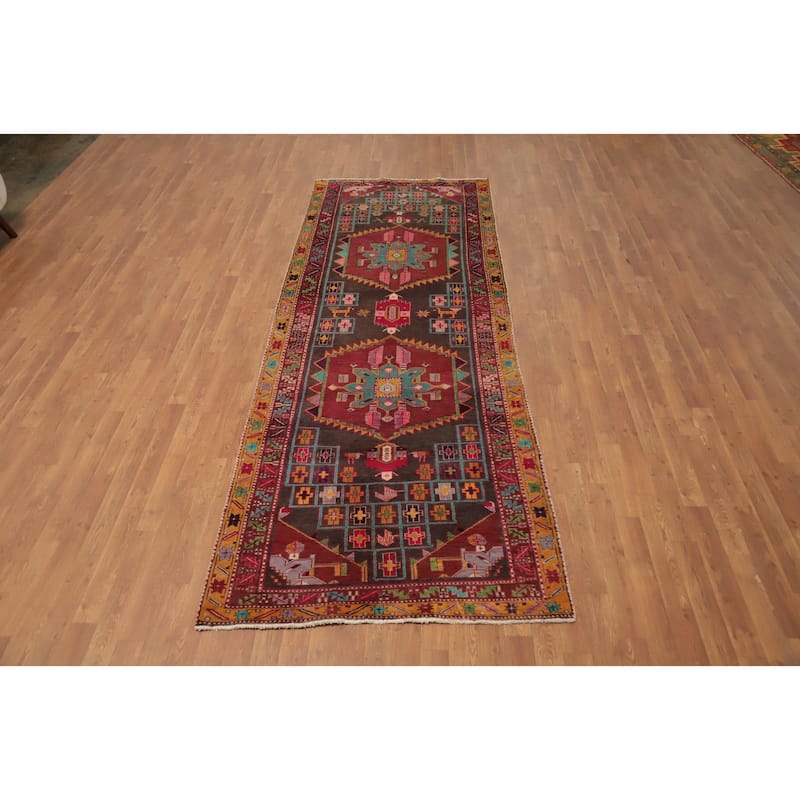 Hand Knotted Oriental 100% Wool Carpet Traditional Tribal Greys & Charcoal Ardebil Runner Rug - 10' 4'' X 3' 10''