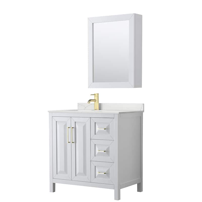 Daria 36-inch Single Vanity, Single Hole Quartz Top, Med Cabinet - White, Gold Trim, Giotto Quartz Top