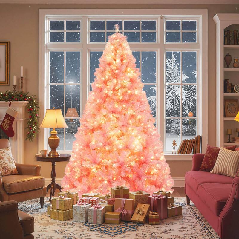 Costway 6.5 FT/7.5 FT Artificial Xmas Tree with 250/550 White LED - See Details - Pink-7.5 FT - 7.5 Foot