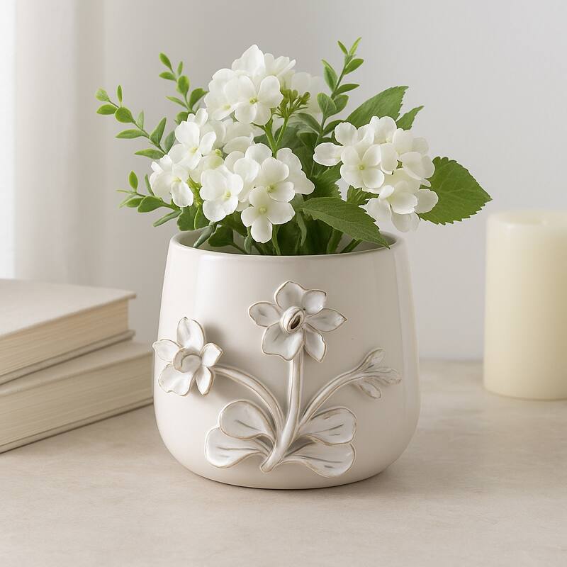 Decorative Ceramic Flower Planter with Flower Applique - Ivory