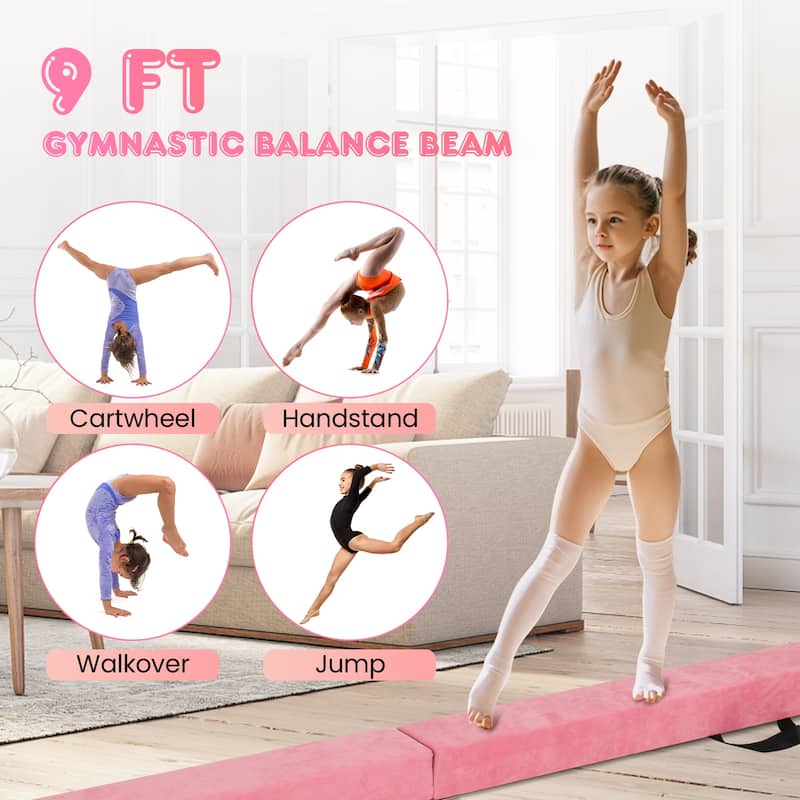 9 Feet Kids Balance Beam for Home Foldable Gymnastics Beam with Non-Slip Bottom and Wood Frame - 108” x 4" x 3" (L x W x H)