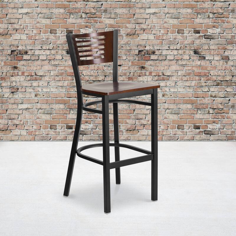 2 Pk. Hercules Series Decorative Slat Back Metal Restaurant Barstool - 19.75"W x 20"D x 43"H - 19.75"W x 20"D x 43"H - Walnut Wood Back/ Walnut Wood Seat