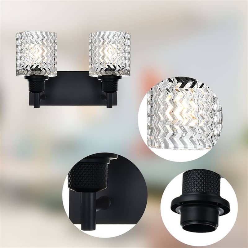 2-Light Industrial Black Wall Sconce with Hammered Glass Shades