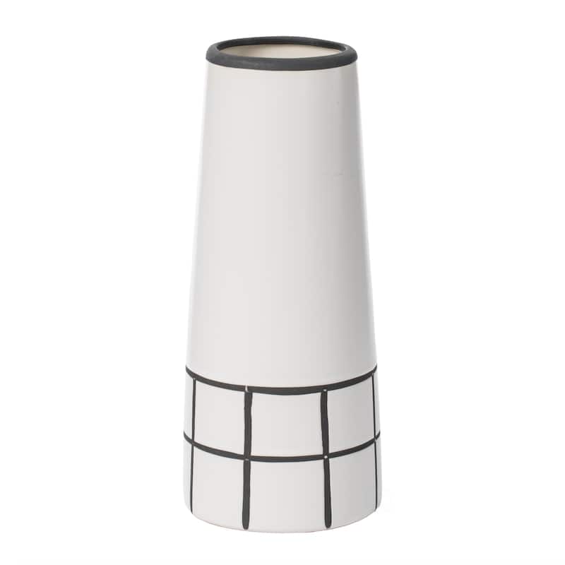 Ceramic Modern Painted Grid Tapered Flower Table Vase, Black and White - Large