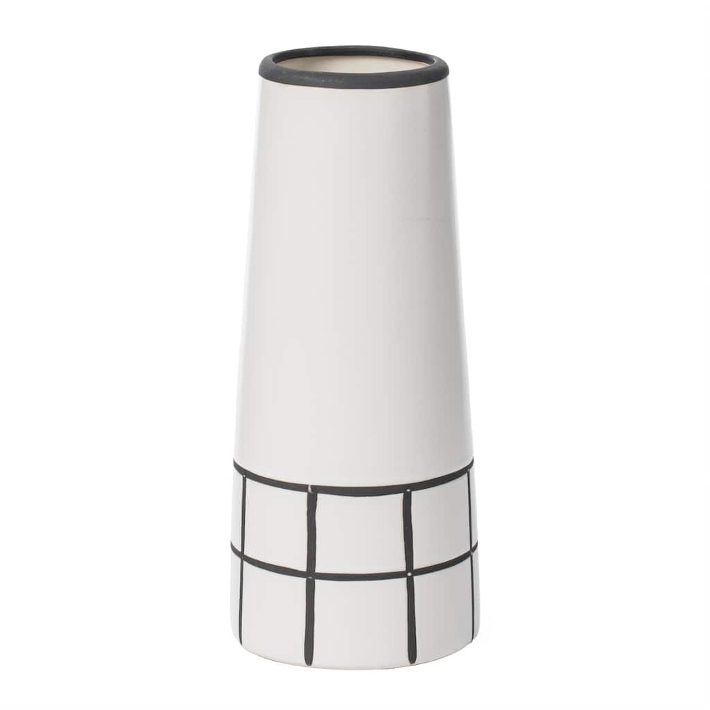 Ceramic Modern Painted Grid Tapered Flower Table Vase, Black and White