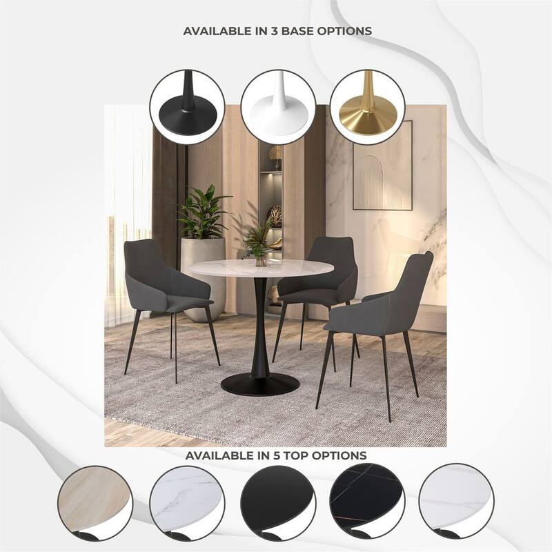 Bristol 35" Round Dining Table for 4 with Sintered Stone Tabletop in Black Base for Kitchen & Dining Room