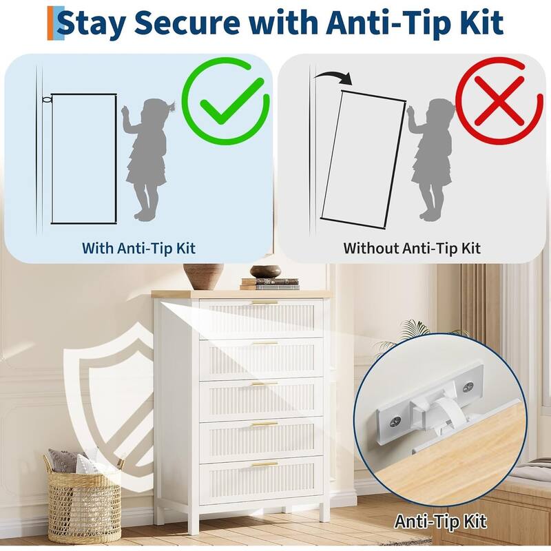 Modern Fluted Dresser with 5 Storage Drawers, Organizer Cabinet for Living Room, Bedroom