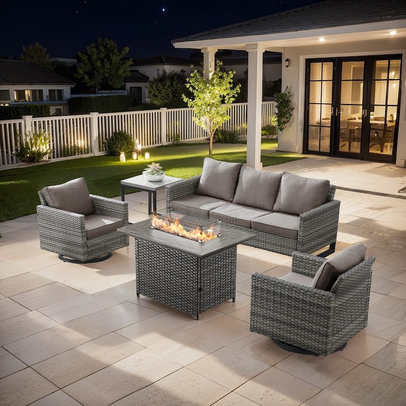 Outdoor Fire Pit Table with Patio Funiture - Grey Wicker Grey Cushion - 5PCS Sofa Swivel Chair w/ Fire Table
