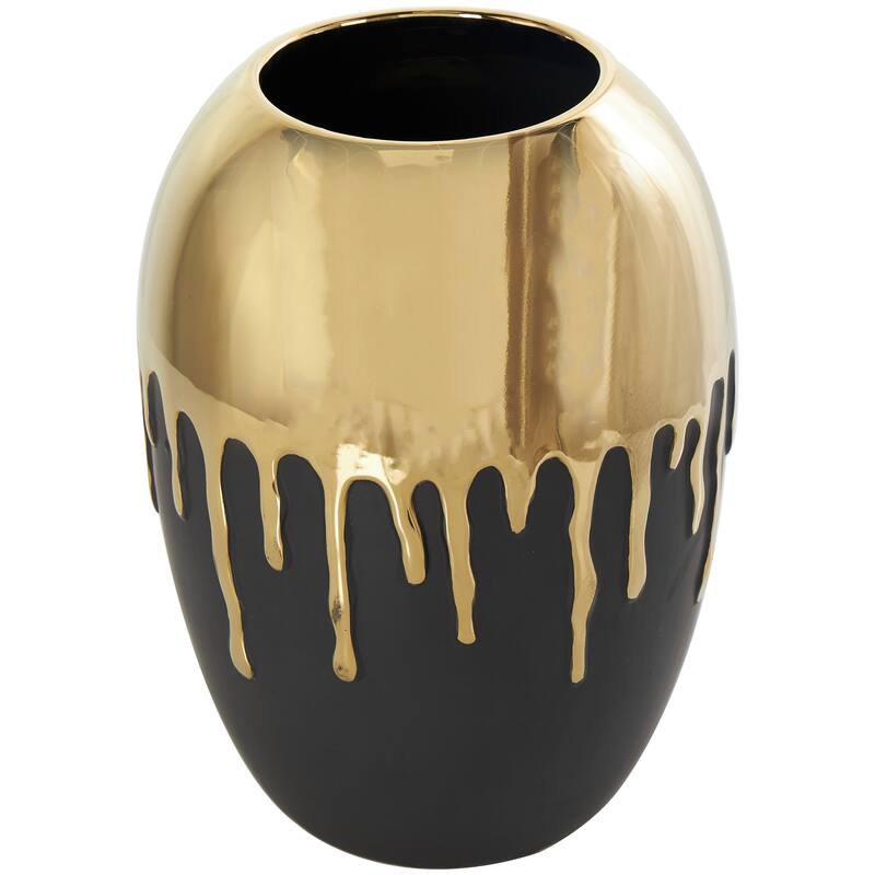 CosmoLiving by Cosmopolitan Black Ceramic Decorative Vase with Abstract Gold Melting Drips - 9 x 9 x 13