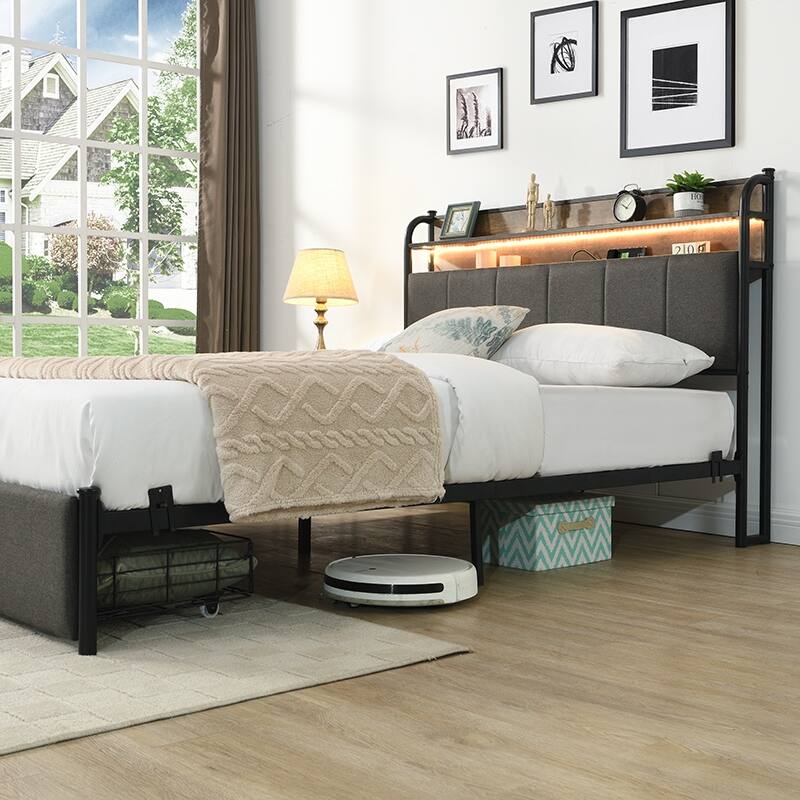 Queen Size Modern Platform Bed with Storage Headboard & Charging Station