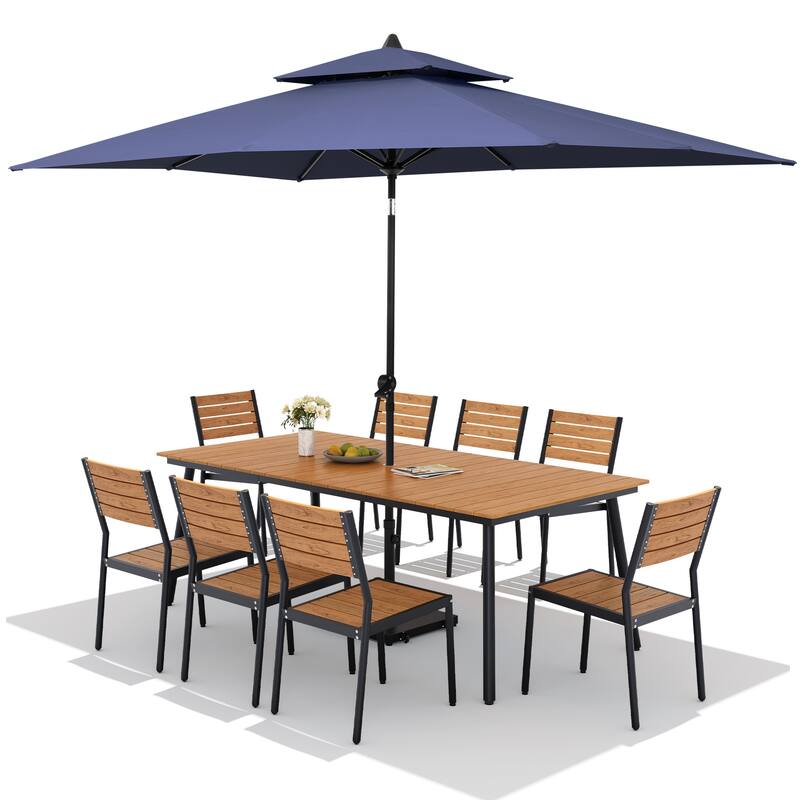 11PC Outdoor Patio Dining Set Aluminum Table with Stackable Chairs w/ Premium Market Umbrella Sets