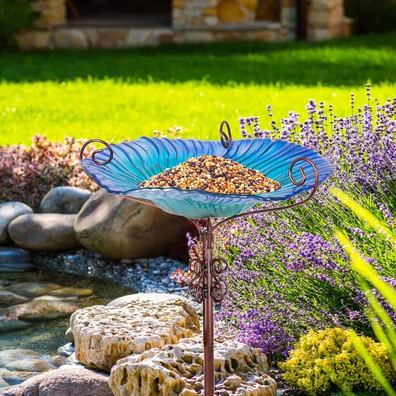 Tall Glass Birdbath Birdfeeder with Metal Stake Garden Yard Outdoor