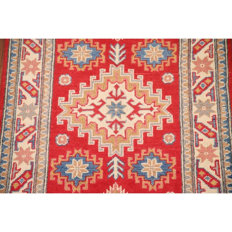 Geometric Red Kazak Oriental Accent Rug Handmade Wool Carpet - 2'9"x 4'2"