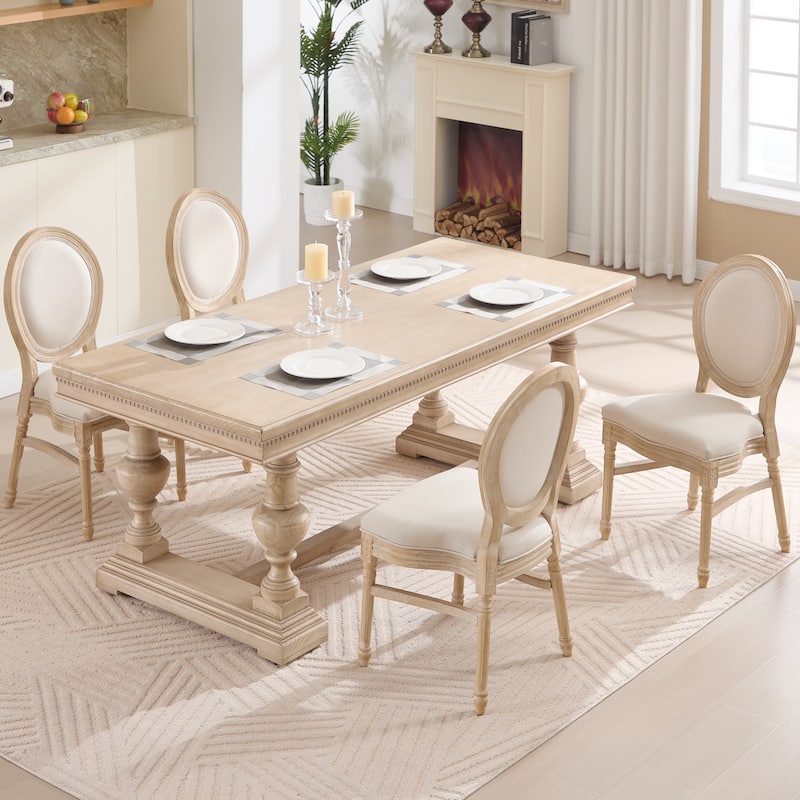 French Country Dining Chairs Set of 2, Upholstered Chairs with Nature Rattan T-shaped Back, Wire drawing and carving techniques