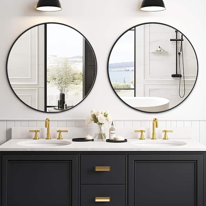 Modern Bathroom Wall Mounted Round Vanity Mirror - 24x24 - Black 2Pack